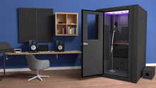 Load image into Gallery viewer, Voice Over Basic Package shown with the door open and gray foam inside of home recording studio