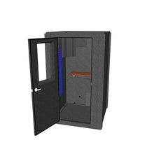 Load 3D model into Gallery viewer, Three-dimensional model of WhisperRoom's Voice Over Basic Package - a meticulously designed 4' x 4' single-wall vocal booth, showcasing vibrant blue acoustic treatment, a functional desk, studio lighting, and an array of advanced features.