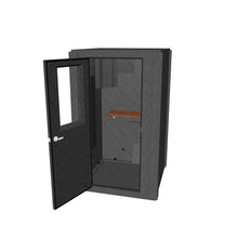 Load 3D model into Gallery viewer, 3D model of WhisperRoom's Voice Over Basic Package - a 4' x 4' single-wall vocal booth, tastefully designed with sleek gray acoustic treatment. The booth includes a functional desk, professional-grade studio lighting, and an extensive range of premium features.