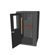 Load 3D model into Gallery viewer, Impeccably detailed 3D model of WhisperRoom's Voice Over Basic Package - a 4' x 4' single-wall vocal booth featuring eye-catching orange acoustic treatment, a well-appointed desk, professional studio lighting, and a host of premium features.