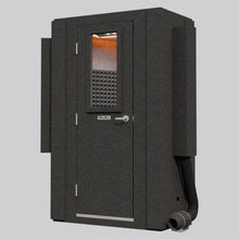 Load image into Gallery viewer, Exterior view of the WhisperRoom MDL 127 LP S single-wall diamond-shaped soundproof booth, showing the compact low-profile design, door window, and integrated ventilation system.
