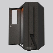 Load image into Gallery viewer, Angled side view of the WhisperRoom MDL 127 LP S soundproof booth with open door, showing the diamond-shaped back panels, integrated ventilation system, and corner-friendly design for tight or irregular rooms.
