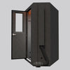 Angled side view of the WhisperRoom MDL 127 LP S soundproof booth with open door, showing the diamond-shaped back panels, integrated ventilation system, and corner-friendly design for tight or irregular rooms.