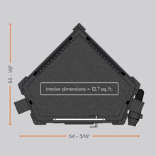 Load image into Gallery viewer, Top-down diagram of the WhisperRoom MDL 127 LP S showing its diamond-shaped floor plan with 12.7 square feet of interior space, exterior dimensions labeled for corner and tight-space placement.
