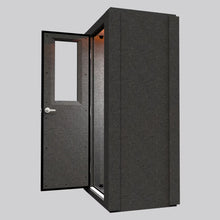 Load image into Gallery viewer, Side view of the WhisperRoom MDL 4230 S, a 3.5' × 2.5' single-wall soundproof booth shown with the door open to display the interior layout and modular panel construction.
