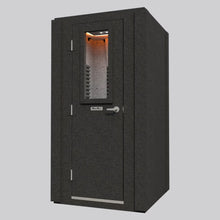 Load image into Gallery viewer, WhisperRoom MDL 4242 S single-wall soundproof booth shown with the door closed, featuring a front window, modular exterior panels, and interior acoustic foam visible through the glass.
