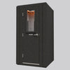 WhisperRoom MDL 4242 S single-wall soundproof booth shown with the door closed, featuring a front window, modular exterior panels, and interior acoustic foam visible through the glass.
