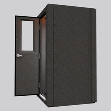 Load image into Gallery viewer, Side view of the WhisperRoom MDL 4242 S, a 3.5' × 3.5' single-wall soundproof booth with the door open, showing its modular exterior panels and entryway.
