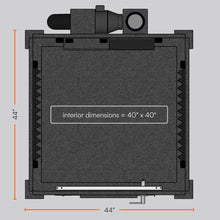 Load image into Gallery viewer, Top-down floorplan of the WhisperRoom MDL 4242 S single-wall sound booth showing the 40" × 40" interior dimensions and ventilation layout.
