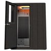 Front view of the WhisperRoom MDL 4260 S single-wall sound isolation booth with the door open, showing interior acoustic foam paneling and warm LED lighting inside a modular, grey exterior enclosure.