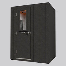 Load image into Gallery viewer, Exterior view of the WhisperRoom MDL 4260 S single-wall sound isolation booth, shown with the solid door closed. The booth features a small window with interior acoustic foam visible inside, dark gray sound-dampening panels, and a compact rectangular footprint.
