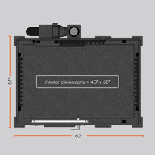 Load image into Gallery viewer, Top-down diagram of the WhisperRoom MDL 4260 S single-wall sound isolation booth showing interior dimensions of 40" × 58", with ventilation system and door placement highlighted on a labeled 62" × 44" exterior footprint.
