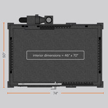 Load image into Gallery viewer, Top-down schematic of the WhisperRoom MDL 4872 S booth displaying 46″ × 70″ interior dimensions, ventilation placement, and overall 50″ × 74″ footprint.
