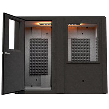 Load image into Gallery viewer, ont interior view of a WhisperRoom MDL 4896 S single-wall sound isolation booth, shown with the door open, interior acoustic foam panels, overhead LED lighting, and a spacious 4' × 8' layout designed for professional recording, voiceover, and controlled sound environments.
