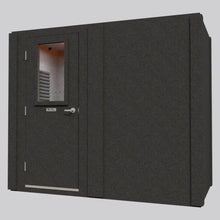 Load image into Gallery viewer, Exterior view of a WhisperRoom MDL 4896 S single-wall sound isolation booth, shown with a closed door featuring a window and interior acoustic foam visible through the glass.
