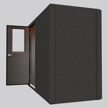 Load image into Gallery viewer, WhisperRoom MDL 4896 S single-wall sound booth shown from a side angle with the door open, revealing the door swing and warm overhead lighting.
