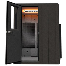 Load image into Gallery viewer, WhisperRoom MDL 6060 S single-wall sound booth shown from the front with the door open, revealing the interior acoustic treatment and lighting.
