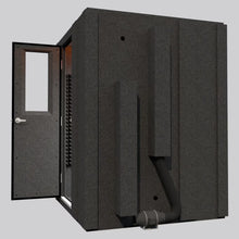 Load image into Gallery viewer, WhisperRoom MDL 6060 S sound booth side view with the door open, showing the booth’s modular wall panels and entry.
