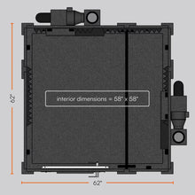 Load image into Gallery viewer, WhisperRoom MDL 6060 S top-down diagram displaying exterior dimensions of 62" x 62", interior layout of 58" x 58", and footprint.
