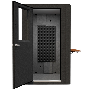 Front view of the WhisperRoom Audiology Compact sound booth with door open, showing accessible interior layout for small clinical spaces.