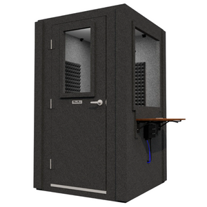 Angled front-right view of the Audiology Compact package by WhisperRoom, showing the single-wall enclosure with the door closed.