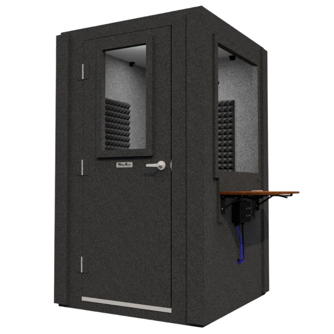 Angled front-right view of the Audiology Compact package by WhisperRoom, showing the single-wall enclosure with the door closed.