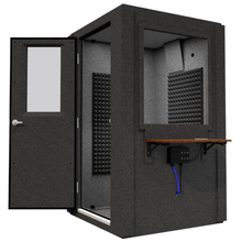Load image into Gallery viewer, Right side view of the Audiology Compact booth with door open, displaying the compact 4&#39; x 4&#39; footprint and interior layout.
