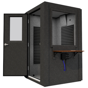 Right side view of the Audiology Compact booth with door open, displaying the compact 4' x 4' footprint and interior layout.