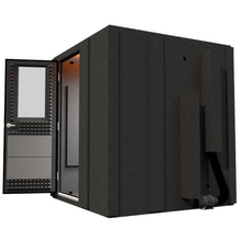 Load image into Gallery viewer, Right side view of the Practice Basic booth with the door open, displaying the booth’s depth and interior sound treatment panels.
