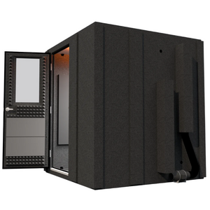 Right side view of the Practice Basic booth with the door open, displaying the booth’s depth and interior sound treatment panels.