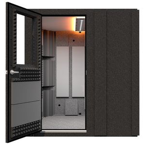 Front view of the WhisperRoom Practice Basic sound booth with the door open, showing the acoustic treatment and studio light inside the 6' x 6' booth.