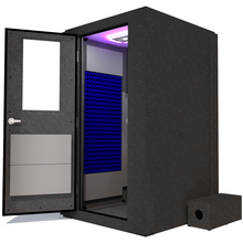 Load image into Gallery viewer, Side view of WhisperRoom&#39;s Voice Over Basic Package - a 4&#39; x 4&#39; single-wall vocal booth, equipped with acoustic treatment, a functional desk, studio lighting, and various additional features. The left-hinged door is open, revealing the interior accentuated with vibrant blue StudioFoam.
