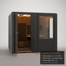 Load image into Gallery viewer, Meeting pod by WhisperRoom, door open, with two 32" x 48" wall windows, a 42" mounted desk and two Studio Lights
