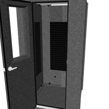 Load 3D model into Gallery viewer, Interactive 3D model of the WhisperRoom MDL 4242 S single-wall soundproof booth, showing its 3.5' × 3.5' footprint, modular panel construction, ventilation system, interior acoustic treatment, and door with window.
