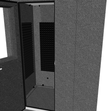 Load 3D model into Gallery viewer, 3D rendering of a WhisperRoom MDL 4260 S single-wall sound isolation booth with the door open, showing the interior acoustic foam panels and modular wall design.
