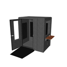 Load 3D model into Gallery viewer, “4′2″ × 6′2″ × 6′11″ single-wall Audiology Basic Plus booth with 32″ wide door, wheelchair ramp, acoustic ventilation with silencer, door and wall windows, folding desk, (5) cable passages, shown with door open to reveal interior testing space.
