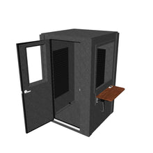 Load 3D model into Gallery viewer, 4′2″ × 4′2″ × 6′11″ single-wall Audiology Compact booth, with acoustic foam treatment, fold-down desk, door &amp; wall windows, ventilation with silencing features, and multiple cable passages, shown with door open to reveal interior.
