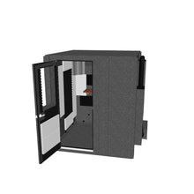 Load 3D model into Gallery viewer, 6′2″ × 6′2″ × 6′11″ single-wall Creator Basic booth, including ventilation system, door and wall windows, acoustic package with bass traps, LED studio lighting, folding desk, and cable passages, shown with door open to reveal interior workspace.
