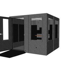 Load 3D model into Gallery viewer, 8′2″ × 8′2″ × 6′11″ single-wall Makerspace Booth, ADA-compliant with wide 32-inch door and ramp, three large 48-inch wall windows plus a 16″ × 48″ door window for visibility, LED studio lighting, large desk, multiple cable passages, shown with door open to reveal spacious interior workspace.
