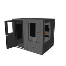 Load 3D model into Gallery viewer, 6′2″ × 8′2″ × 6′11″ single-wall Meeting Booth with dual ventilation, two large wall windows, door window, studio LED lighting, folding desk, cable passages, shown with door open revealing workspace for two people.
