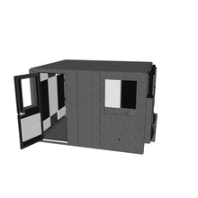 Load 3D model into Gallery viewer, “8′2″ × 10′2″ single-wall Recording Studio booth, acoustically treated with foam panels and bass traps, with large wall window &amp; door open, interior LED lighting, seven cable passages and quiet ventilation.
