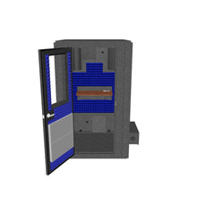 Load 3D model into Gallery viewer, 3D model of WhisperRoom&#39;s Voice Over Basic Package featuring a booth with a left hinge door, interior lined with blue acoustic foam and gray acoustic panels. The booth includes a multicolored studio light for ambiance, a folding office desk for convenience, and an enhanced ventilation system for improved air flow.
