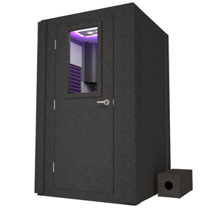 Frontal view of WhisperRoom's Voice Over Basic Package - a 4' x 4' single-wall vocal booth, meticulously equipped with acoustic treatment, a functional desk, studio lighting, and an array of premium features. The left-hinged door is closed, and the interior is adorned with elegant purple StudioFoam, creating an ideal recording environment.