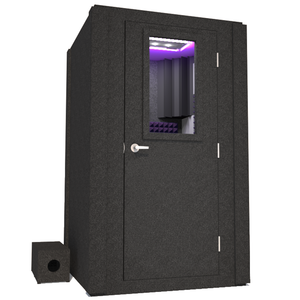 Front view of the WhisperRoom's Voice Over Basic Package - a 4' x 4' single-wall vocal booth, meticulously designed with acoustic treatment, a functional desk, studio lighting, and a variety of premium features. The right-hinged door is closed, and the interior is adorned with elegant purple StudioFoam, creating an ideal recording environment.