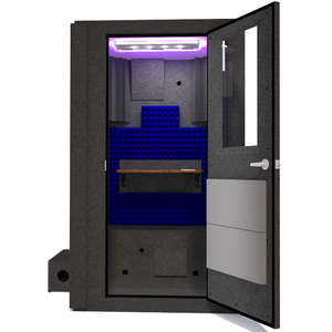 Front view of the WhisperRoom's Voice Over Basic Package - a 4' x 4' single-wall vocal booth, meticulously equipped with acoustic treatment, a functional desk, studio lighting, and an array of premium features. The right-hinged door is open, revealing the vibrant blue StudioFoam interior, creating an ideal recording space.