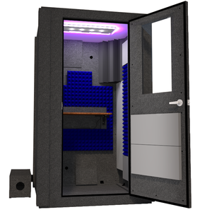 Angled view of WhisperRoom's Voice Over Basic Package - a 4' x 4' single-wall vocal booth, complete with acoustic treatment, a functional desk, studio lighting, and an array of additional features. The right-hinged door is open, revealing the vibrant blue StudioFoam interior, creating an ideal recording environment.