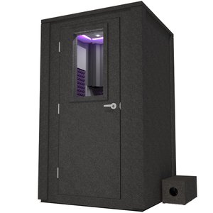 Angled view of WhisperRoom's Voice Over Deluxe Package - a 4' x 4' double-wall vocal booth, meticulously designed with acoustic treatment, a functional desk, studio lighting, and a comprehensive range of premium features. The left-hinged door is closed, and the interior is enhanced by elegant purple StudioFoam, creating an ideal recording environment.