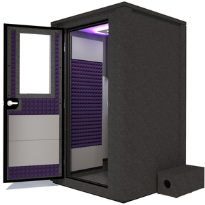 Side view of the WhisperRoom's Voice Over Deluxe Package - a 4' x 4' double-wall vocal booth, thoughtfully equipped with acoustic treatment, a functional desk, studio lighting, and an array of premium features. The left-hinged door is open, revealing the interior enhanced by elegant purple StudioFoam, creating an ideal recording atmosphere.