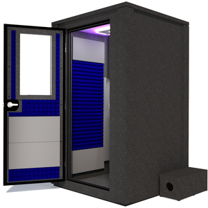 Side view of the WhisperRoom's Voice Over Deluxe Package - a 4' x 4' double-wall vocal booth, thoughtfully equipped with acoustic treatment, a functional desk, studio lighting, and a comprehensive range of premium features. The left-hinged door is open, revealing the interior accentuated with vibrant blue StudioFoam, creating an ideal recording atmosphere.