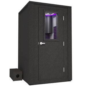 Frontal view of WhisperRoom's Voice Over Deluxe Package - a 4' x 4' double-wall vocal booth, meticulously designed with acoustic treatment, a functional desk, studio lighting, and a comprehensive range of premium features. The right-hinged door is closed, and the interior is enhanced by elegant purple StudioFoam, creating an ideal recording environment.